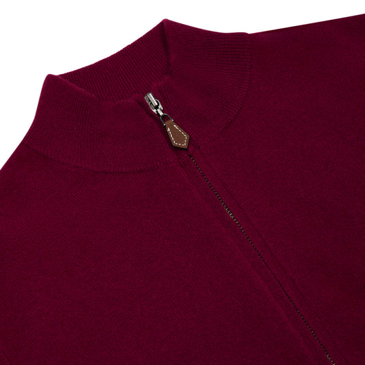 Collar and zip detail on Claret red geelong wool full zip gilet