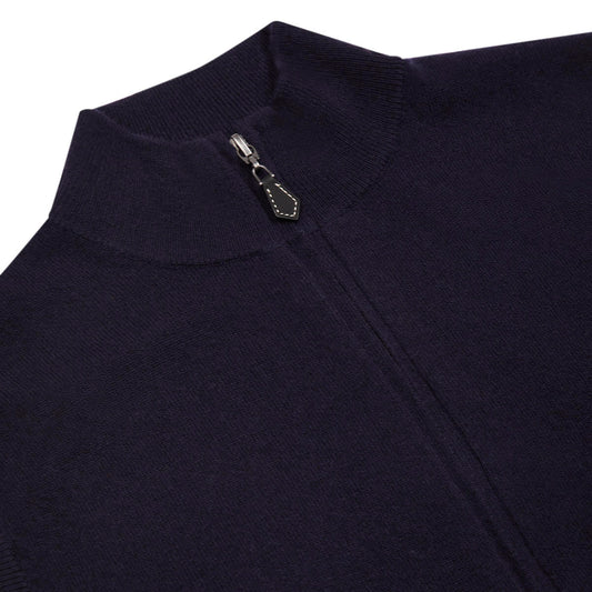 Collar and zip detail on navy geelong wool full zip gilet