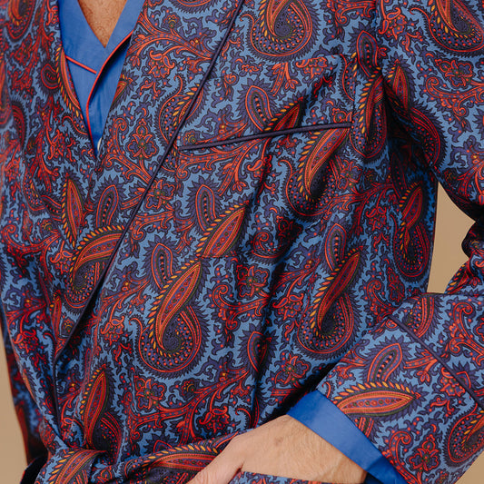 Close up detail of chest pocket of Ornate Paisley Madder Silk Dressing Gown in Azure
