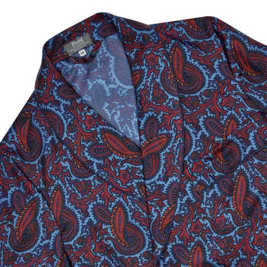 Men's blue and red paisley authentic madder silk dressing gown with shawl collar detail and navy piping