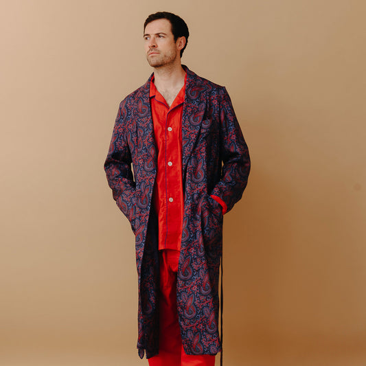 Ornate Paisley Madder Silk Dressing Gown in Navy and Red