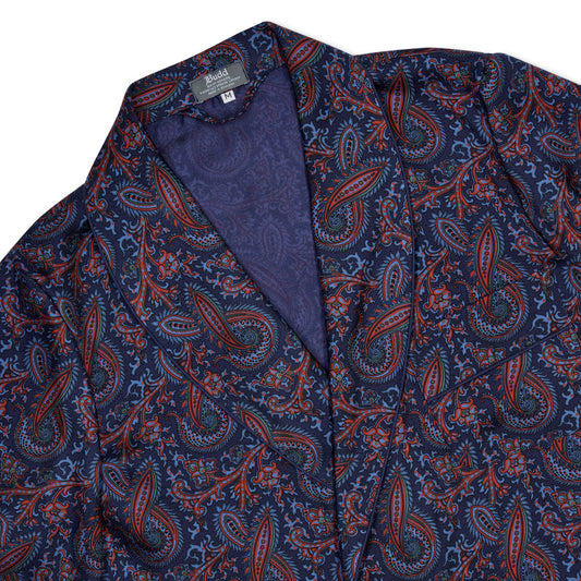 Navy paisley authentic madder silk dressing gown with shawl collar and navy piping