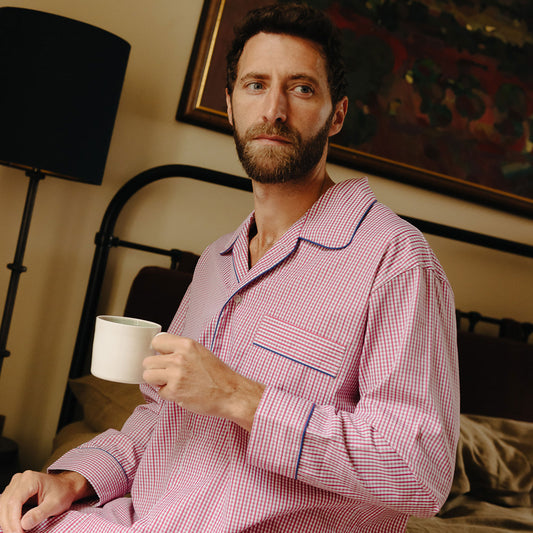 Men's Gingham Cotton Poplin Nightshirt in Red