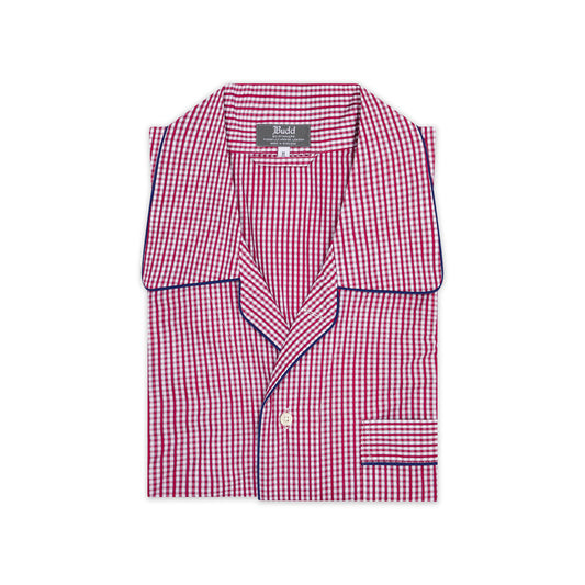 Red gingham cotton poplin nightshirt with blue piping