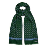 Green and sky blue geometric motif fine gauge wool scarf