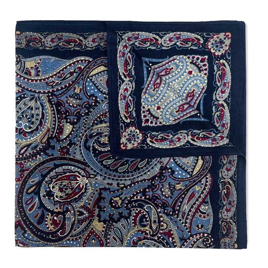 Italian Cotton Floral Paisley Handkerchief in Navy