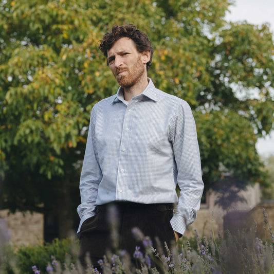 Tailored Fit Flanello Brushed Cotton Gingham Shirt in Sky Blue