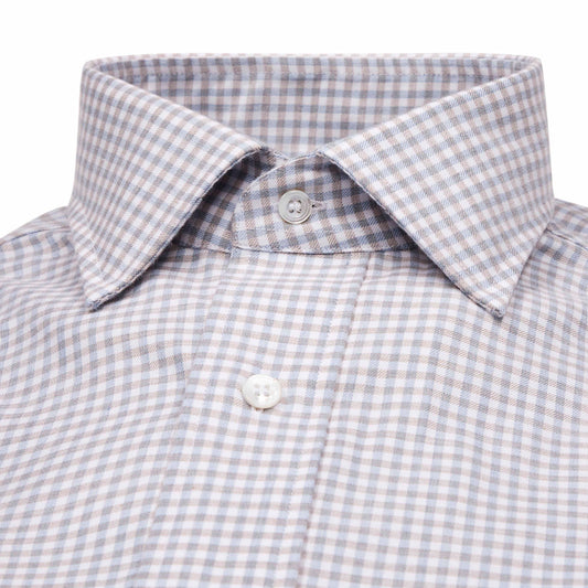 Tailored Fit Flanello Brushed Cotton Gingham Shirt in Sky Blue and Coffee