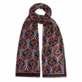 Fine wool scarf with abstract design in brown, blue and tan.