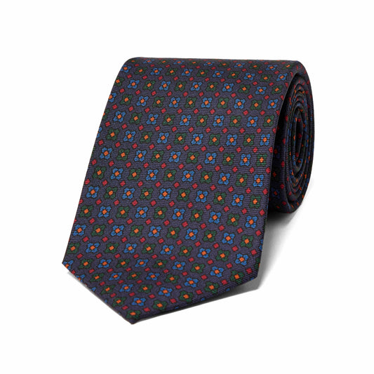 Neat Floral Design Madder Silk Tie in Navy