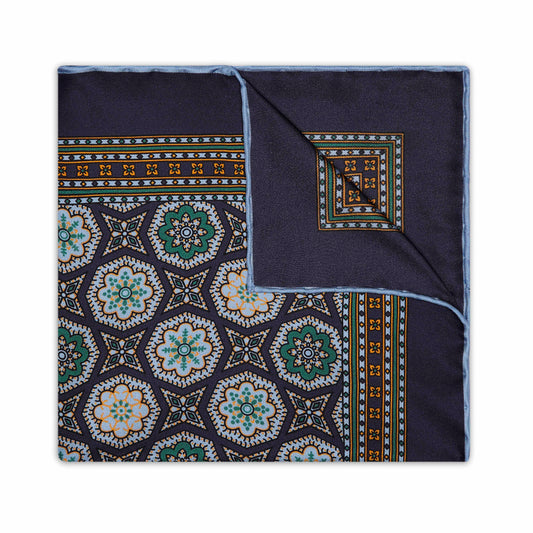 Floral Mosaic Silk Pocket Square in Navy