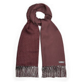 Burgundy double sided spot silk scarf with smaller dots on rear and hand tassels