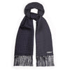 Navy and white spot double sided silk scarf, with small spots on rear and hand tassels