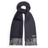 Navy and white spot double sided silk scarf, with small spots on rear and hand tassels
