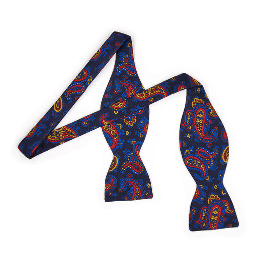 Navy and cobalt blue paisley madder silk bow tie