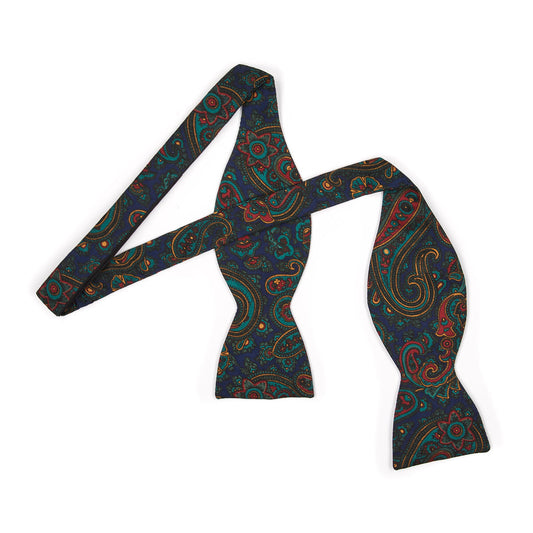 Paisley Madder Silk Adjustable Bow Tie in Navy and Green