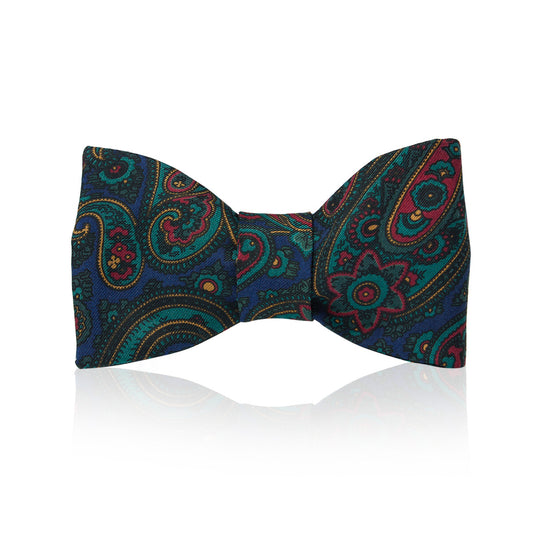 Paisley Madder Silk Adjustable Bow Tie in Navy and Green