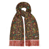 Brown floral silk scarf with red, brown adn gold hand tassels