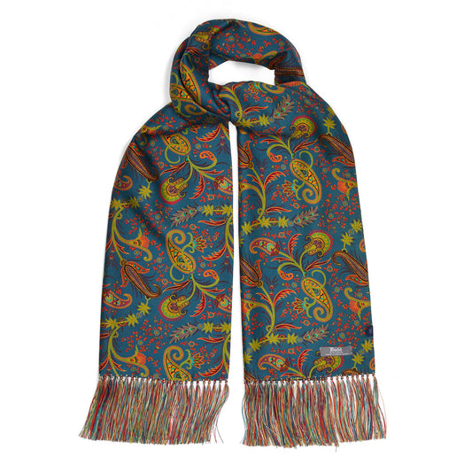 Rich teal blue floral silk scarf with hand tassels