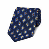 Navy Madder silk tie with sky blue and white diamond motif detail. Made in Maccelsfield.