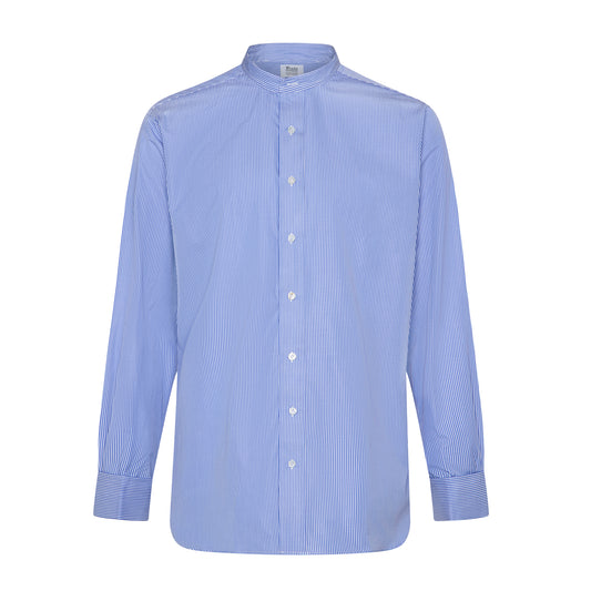 Classic Fit Stripe Poplin Formal Neckband Shirt in Blue
