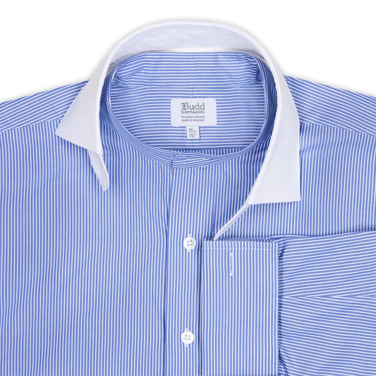 Classic Fit Stripe Poplin Formal Neckband Shirt in Blue