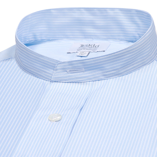 Classic Fit Stripe Poplin Formal Neckband Shirt in Sky Blue
