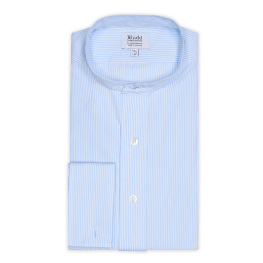 Classic Fit Stripe Poplin Formal Neckband Shirt in Sky Blue