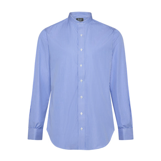 Tailored Fit Stripe Poplin Formal Neckband Shirt in Blue