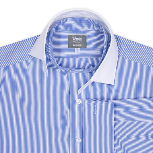 Tailored Fit Stripe Poplin Formal Neckband Shirt in Blue