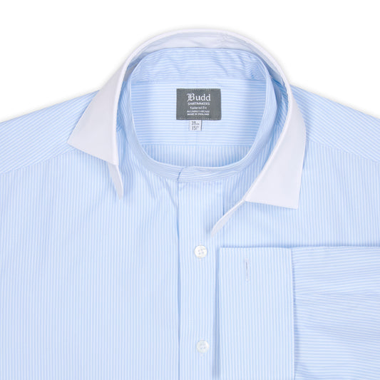 Tailored Fit Stripe Poplin Formal Neckband Shirt in Sky Blue