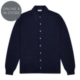 Navy blue button-up shirt on a white background with 'Online & In-Store' text.