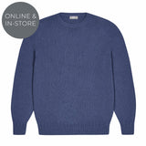 Blue sweater on a white background with 'Online & In-Store' text.