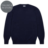 Navy blue sweater on a white background with 'Online & In-Store' text.