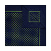 Navy blue pocket square with green polka dot pattern