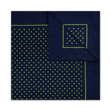Navy blue pocket square with green polka dot pattern