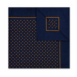 Navy blue pocket square with gold polka dot pattern