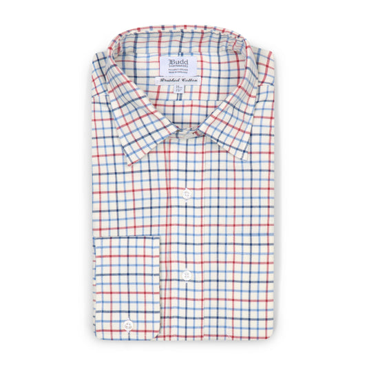 Tattersall Check Brushed Cotton Classic Fit Button Cuff Shirt in Blue and Red