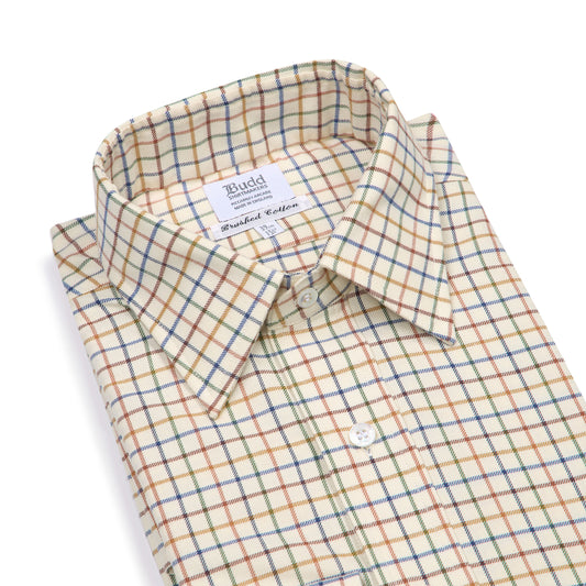 Tattersall Check Brushed Cotton Classic Fit Button Cuff Shirt in Brown and Blue