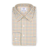 Tattersall Check Brushed Cotton Classic Fit Button Cuff Shirt in Brown and Blue