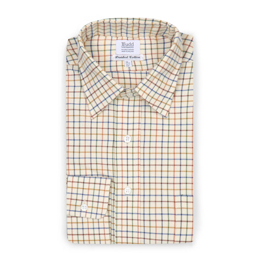 Tattersall Check Brushed Cotton Classic Fit Button Cuff Shirt in Brown and Blue