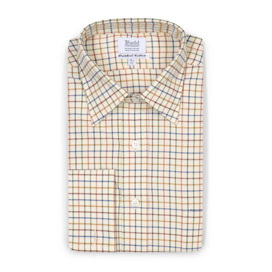 Tattersall Check Brushed Cotton Double Cuff Shirt in Brown and Blue