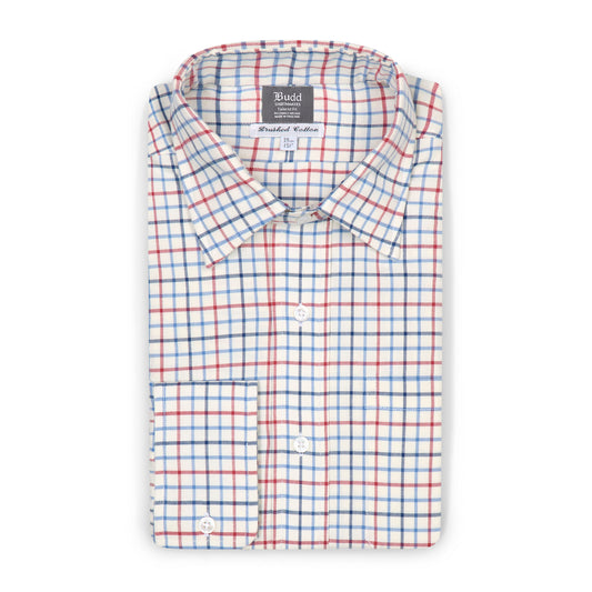 Tattersall Check Brushed Cotton Tailored Fit Button Cuff Shirt in Blue Red