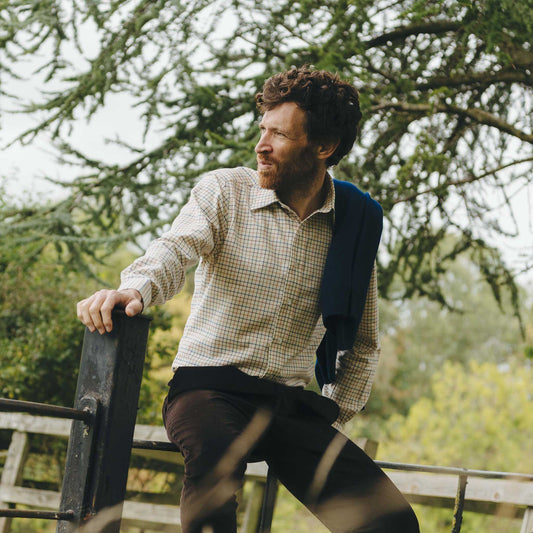 Tattersall Check Brushed Cotton Tailored Fit Button Cuff Shirt in Brown Blue