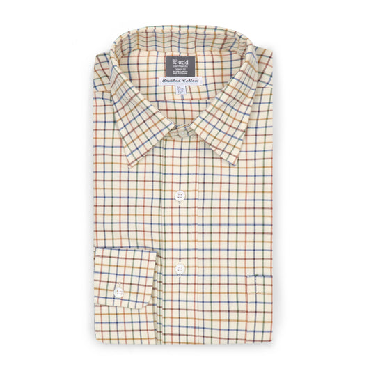 Tattersall Check Brushed Cotton Tailored Fit Button Cuff Shirt in Brown Blue