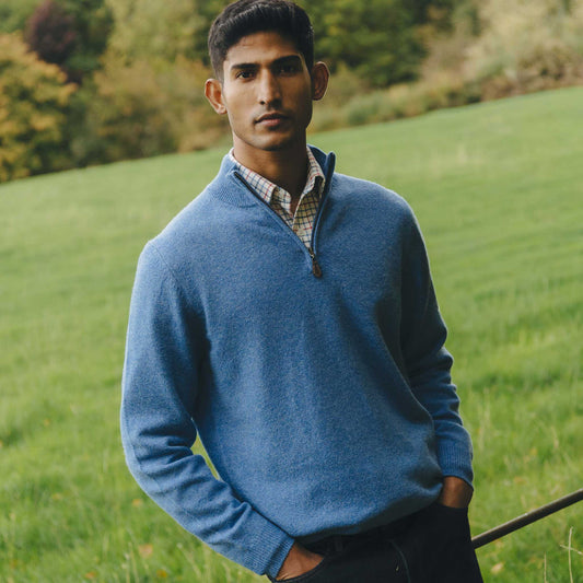 Kinloss Lambswool Quarter Zip Jumper in Heather Blue