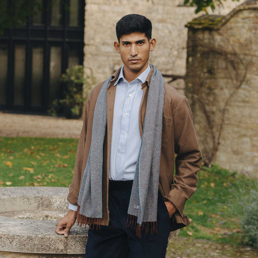 Donegal Herringbone Wool and Silk Scarf in Bramble Blue