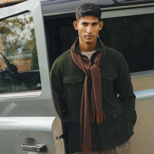 Donegal Herringbone Wool and Silk Scarf in Tawny Brown