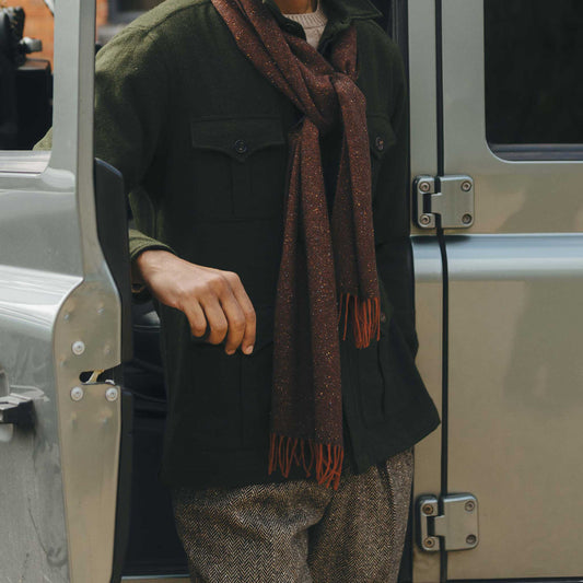 Person wearing a dark coat and brown scarf standing next to a vehicle