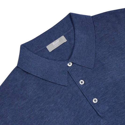Holt Cotton Fine Knit Long Sleeve Polo Shirt in Denim Blue